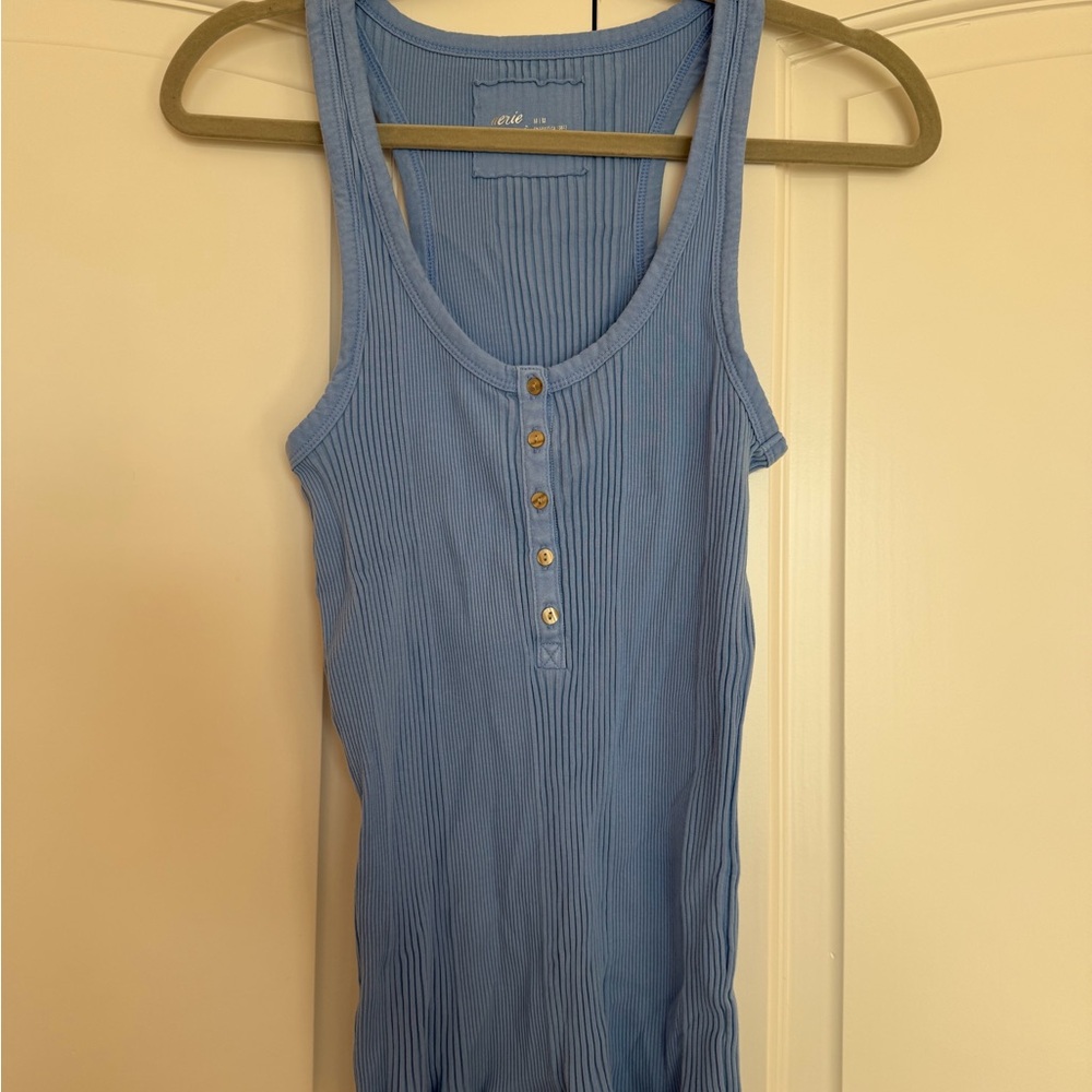 Aerie Sky Blue Ribbed Tank with Button Detail